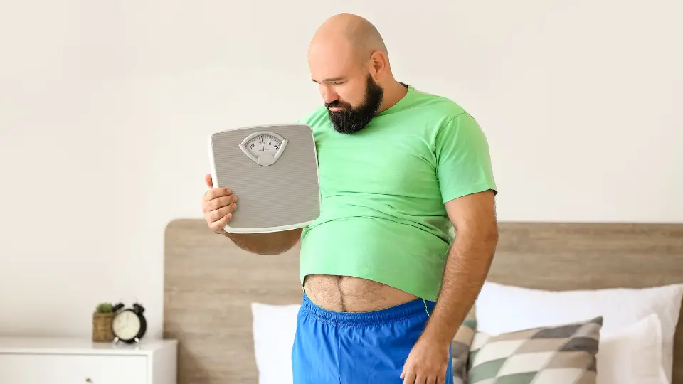 An upset man is holding a weighing scale.